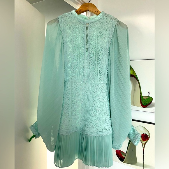 Greta Balloon Sleeve Embroidered Mini Dress in Mint - Picture 4 of 12